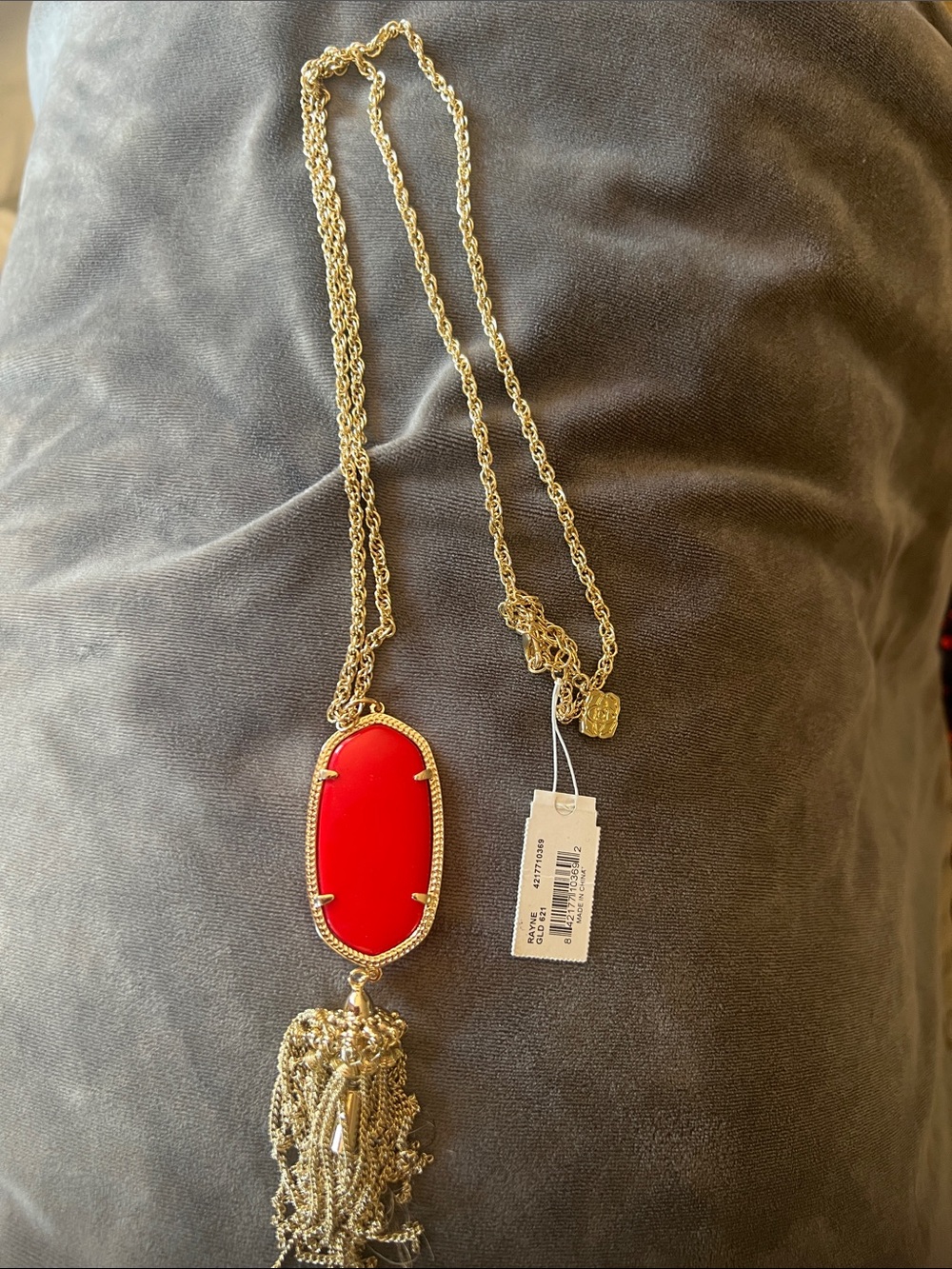 Kendra Scott Gold-Tone Necklace with Bright Red Oval Pendant and Tassel